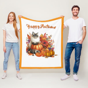 Couverture Polaire Chat Ragdoll heureux d'automne et citrouilles