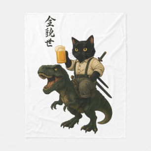 Couverture Polaire Chat Samouraï avec Bière & T-Rex Art Japonais Ré