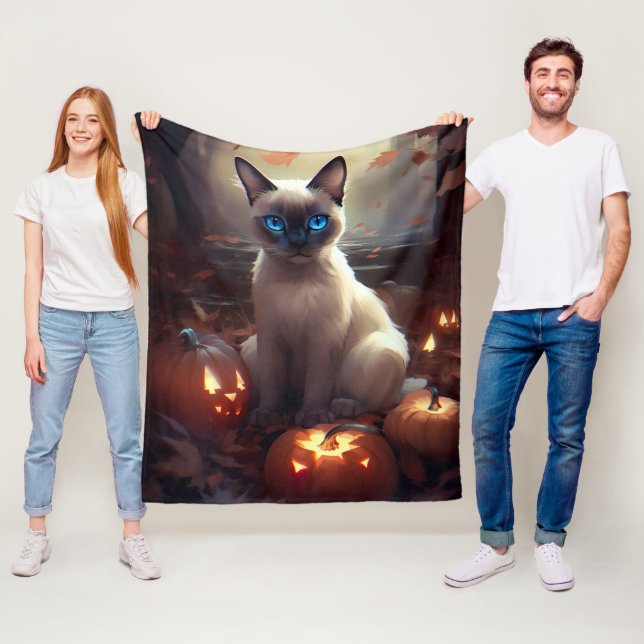Couverture Polaire Chat Siamais Halloween Avec Peur Citrouille (En situation)
