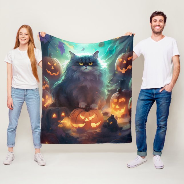 Couverture Polaire Chat Sibérien D'Halloween Avec Peur Citrouille (En situation)