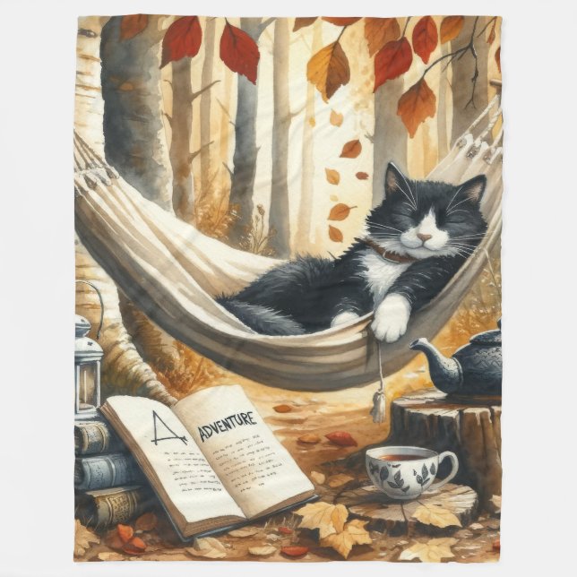 Couverture Polaire Chat Tuxedo noir et blanc Dreaming of Adventure (Devant)