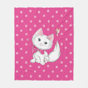 Couverture Polaire Chaton blanc mignon avec le papillon sur le rose