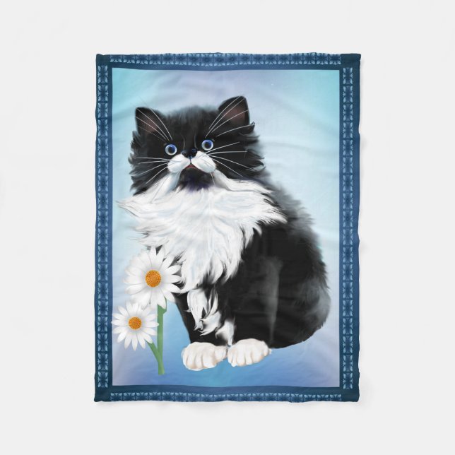 Couverture Polaire Chaton FaceKitten de smoking et marguerite (Devant)