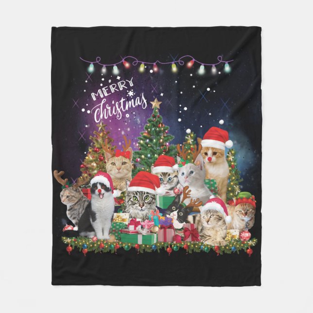 Couverture Polaire Chats Joyeux Noël Lumière (Devant)