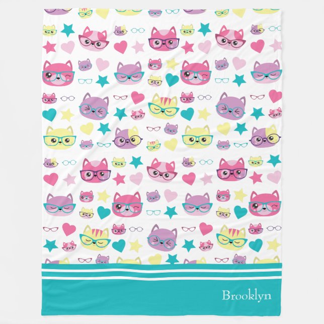 Couverture Polaire Chats Pastel cool Avec Verres Motif, Turquoise (Devant)