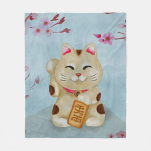 Couverture Polaire Chatte de Maneki-neko à l'aquarelle sous la sakur