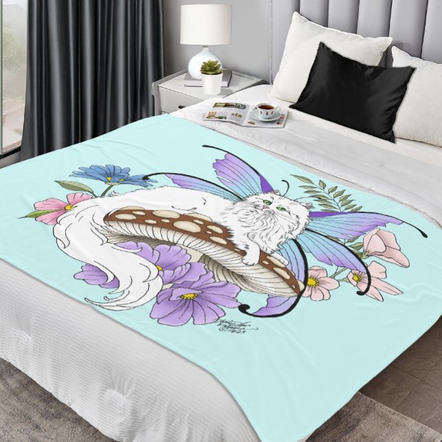 Couverture Polaire Chatte Fée Blanche Fantastique Champignon Bleu Cap (Créateur téléchargé)