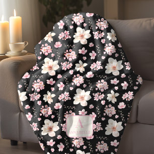 Couverture Polaire Chercher Blossom Printemps Monogramme rose noire
