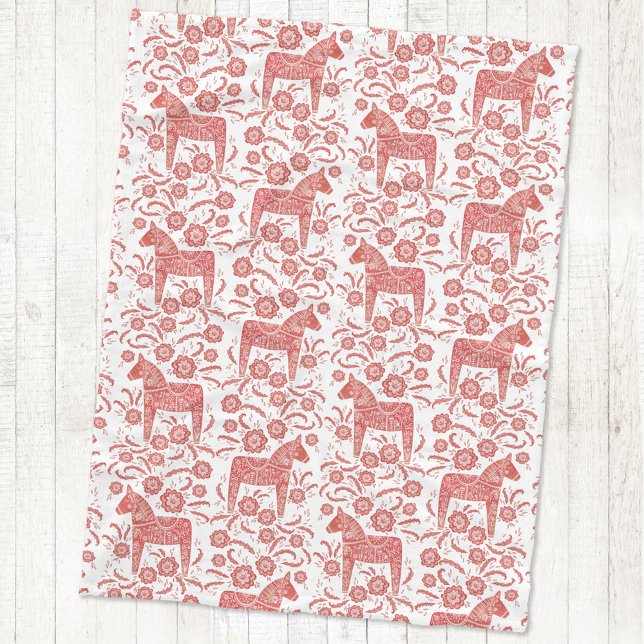Couverture Polaire Cheval de Dala suédois Rouge et blanc (Swedish Dala Horse red and white fleece blanket)