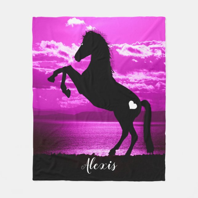 Couverture Polaire Cheval Noir Élevage Ciel Violet Blanche (Devant)