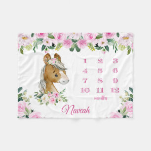 Couverture Polaire Cheval rose et floral au mois jalon de la petite f