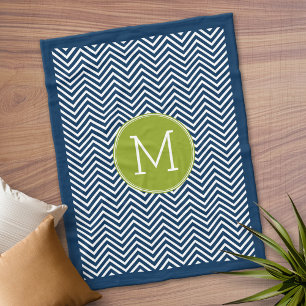 Couverture Polaire Chevrons bleu marine et vert citron Monogramme sim