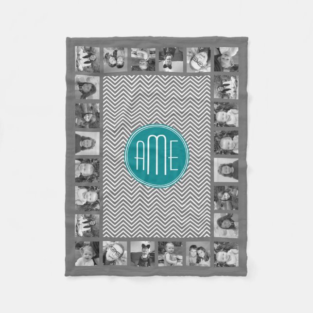 Couverture Polaire Chevrons turquoises au charbon de bois Monogramme  (Devant)