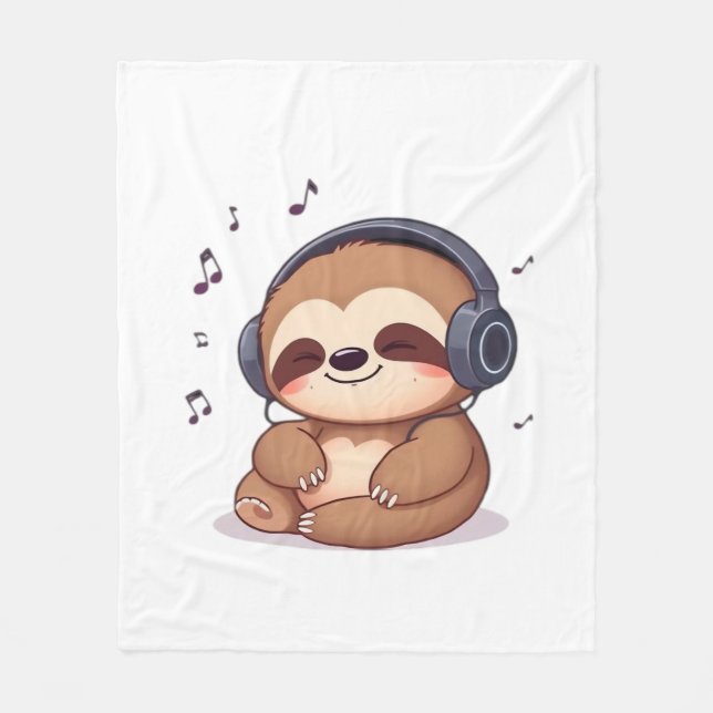 Couverture Polaire Chibi Sloth with Headphones � Cute Kawaii Relaxing (Devant)