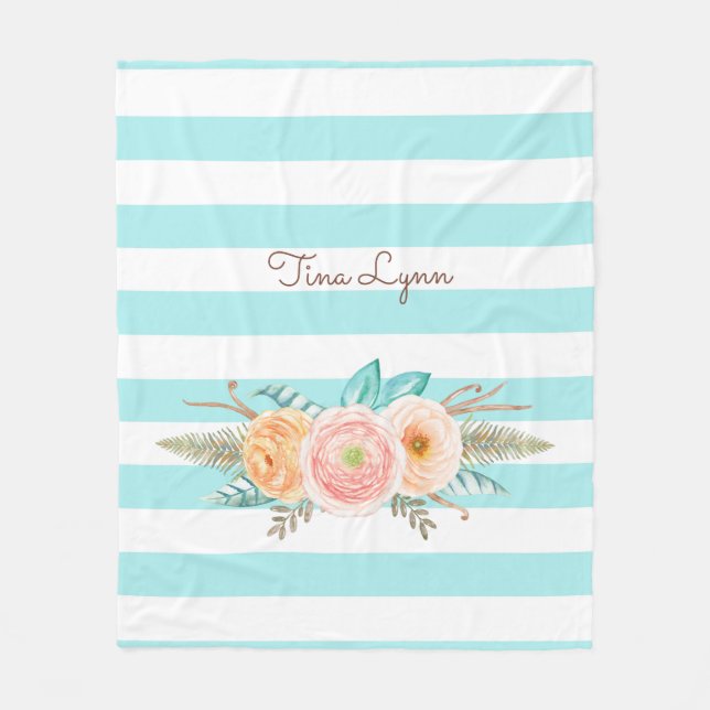 Couverture Polaire Chic Aqua Stripes Feminine Floral et nom (Devant)