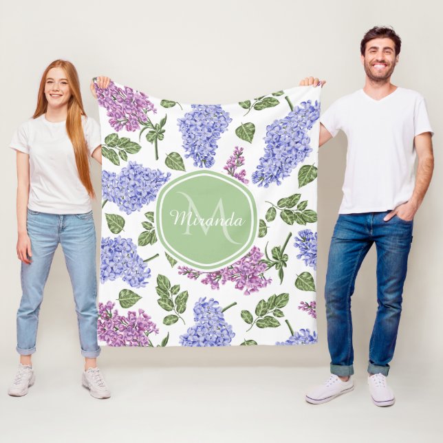 Couverture Polaire Chic Lavande Lilac Floral Pastel Vert Monogramme (En situation)