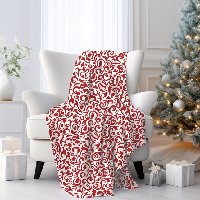 Couverture Polaire Chic rouge foncé blanc Damas Floral Art Motif (Créateur téléchargé)