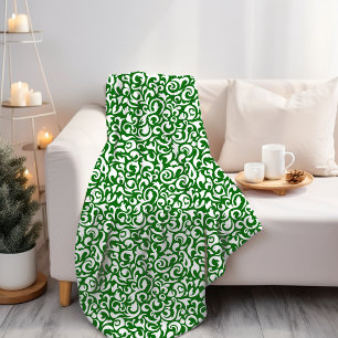 Couverture Polaire Chic Vert Foncé Blanc Motif Floral Art Damassé