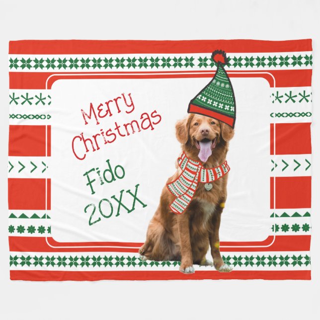Couverture Polaire Chien amusant avec Casquette elfe et Écarf rouge v (Devant (Horizontal))
