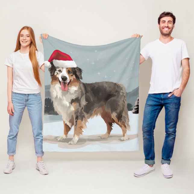 Couverture Polaire Chien berger australien en Noël de neige (En situation)
