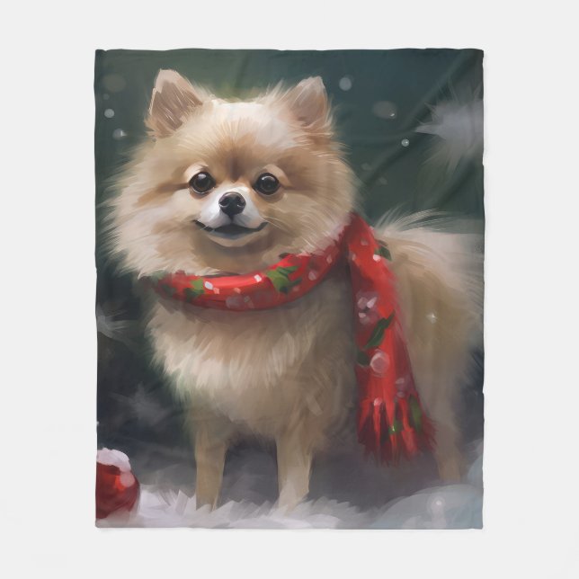 Couverture Polaire Chien de Poméranie en Noël de neige (Devant)