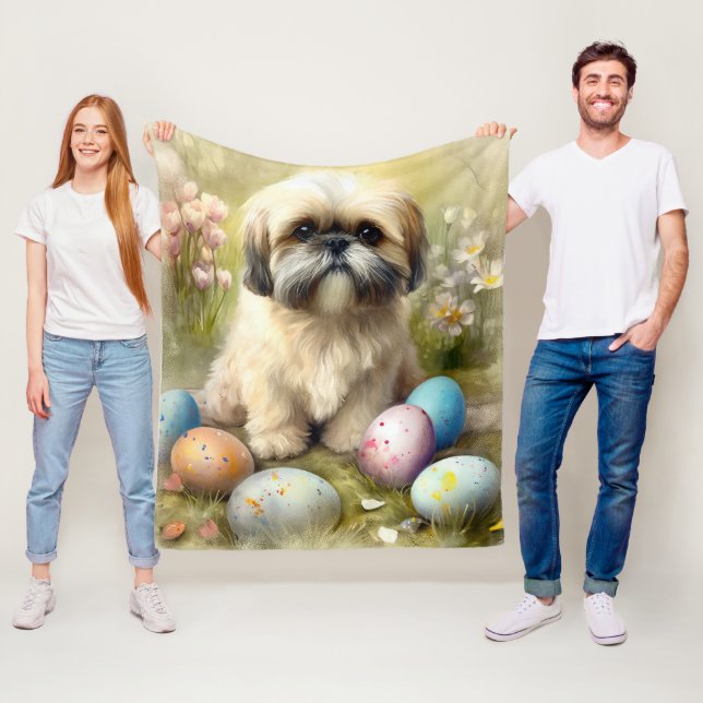 Couverture Polaire Chien Lhassa Apso avec oeufs de Pâques vacances (En situation)