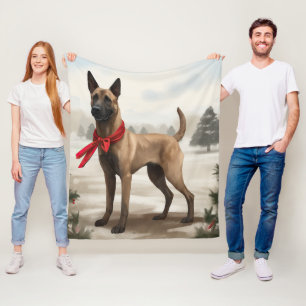 Couverture Polaire Chien Malinois Belge dans la neige de Noël