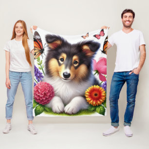 Couverture Polaire Chien-mouton Shetland avec fleurs et papillons