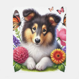 Couverture Polaire Chien-mouton Shetland avec fleurs et papillons