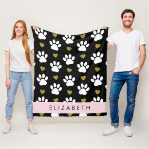 Couverture Polaire Chien Paws, White Paws, Gold Hearts, Votre Nom