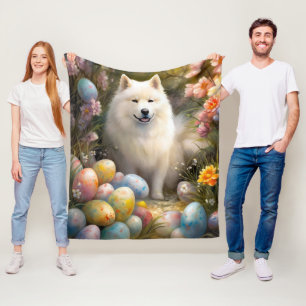 Couverture Polaire Chien Samoyé avec oeufs de Pâques vacances
