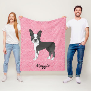 Couverture Polaire Chien Terrier Boston Noir sur Cœurs Roses et Nom