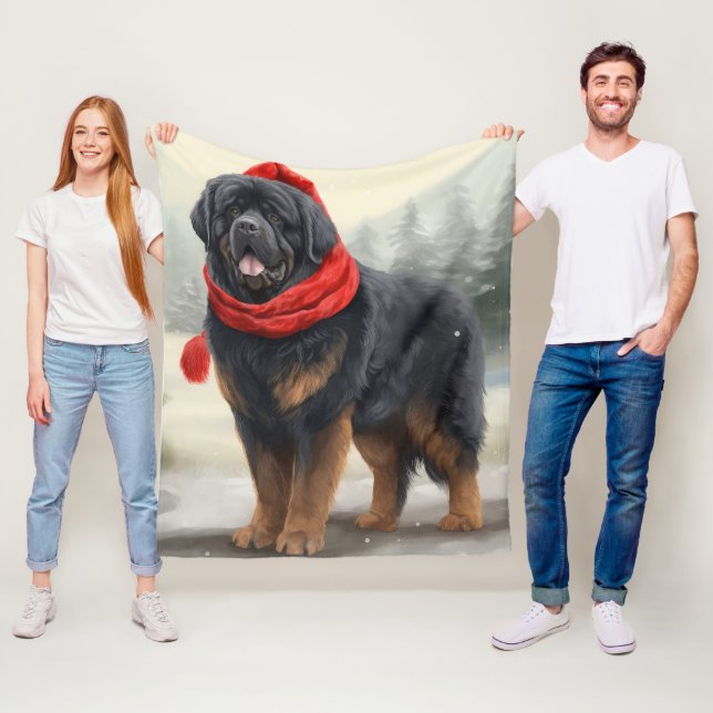 Couverture Polaire Chien tibétain mastiff à Noël de neige (En situation)