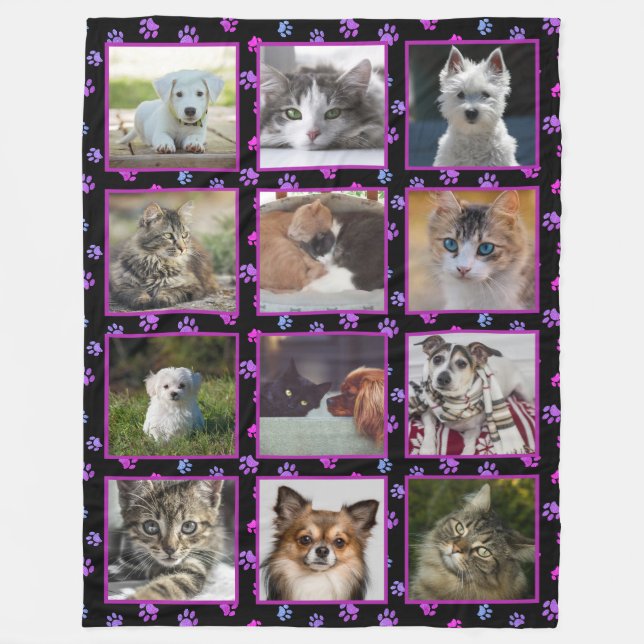 Couverture Polaire Chiens Chats Rose Violet Bleu Empreintes de pattes (Devant)