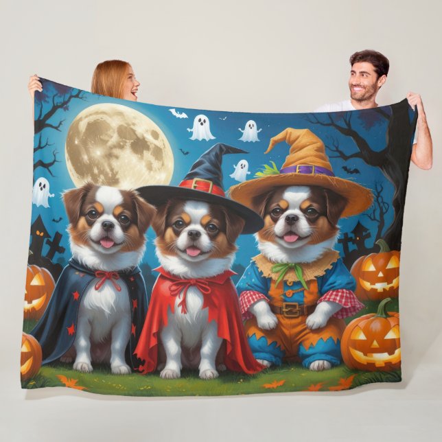 Couverture Polaire Chiens Chin Japonais Citrouille Halloween drôle (En situation)
