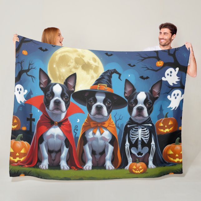 Couverture Polaire Chiens de Boston Terrier Citrouille Halloween Funn (En situation)