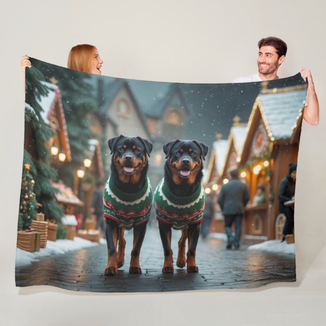 Couverture Polaire Chiens Rottweiler Noël Neige Fêtes  (En situation)