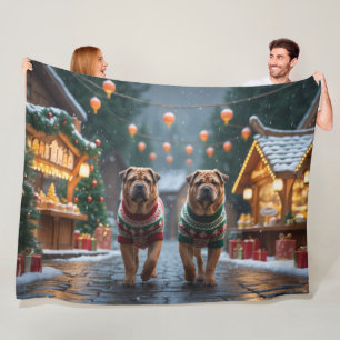 Couverture Polaire Chiens Shar Pei Noël Neige Vacances