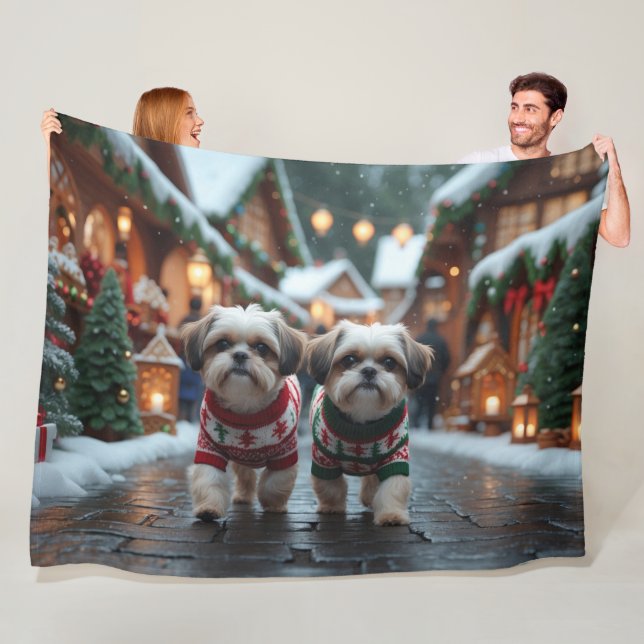 Couverture Polaire Chiens Shih Tzu Noël Neige Fêtes (En situation)