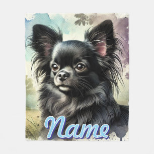 Couverture Polaire Chihuahua noir à long haïre en aquarelle