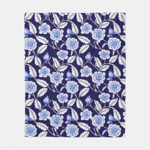 Couverture Polaire Chinoiserie Delft Blue Floral Porcelaine Motif