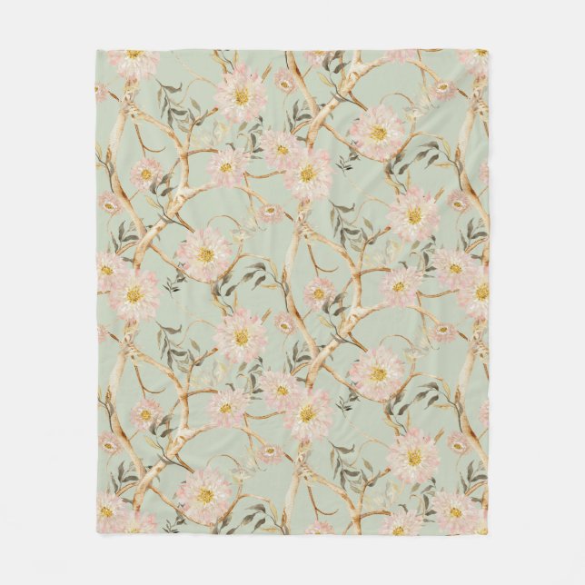 Couverture Polaire Chinoiserie Floral Moderne Rose n Sage Aquarelle (Devant)