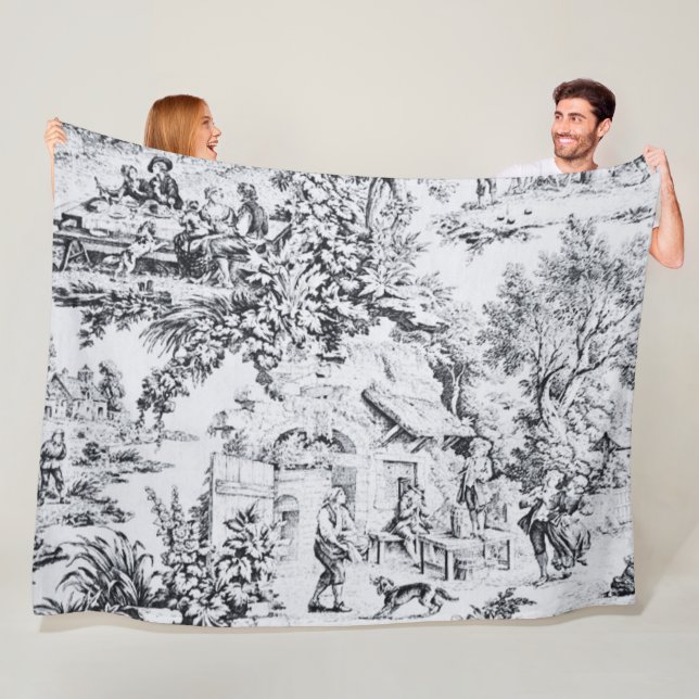 Couverture Polaire Chinoiserie Toile Noir Blanc Style Rustique (En situation)
