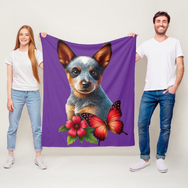 Couverture Polaire Chiot de Heeler mignon avec Papillon et Fleur (En situation)