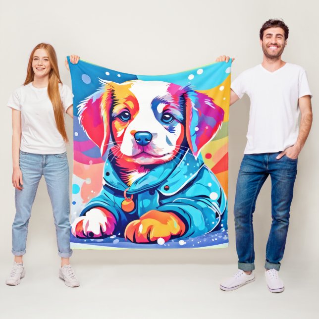 Couverture Polaire Chiot en design de manteau bleu (En situation)