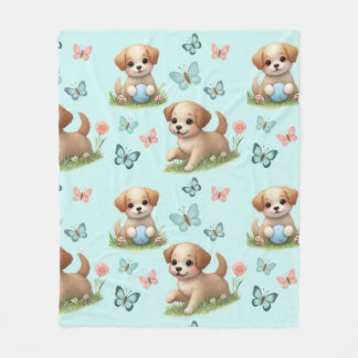 Couverture Polaire Chiots et Papillons sur Fond Bleu