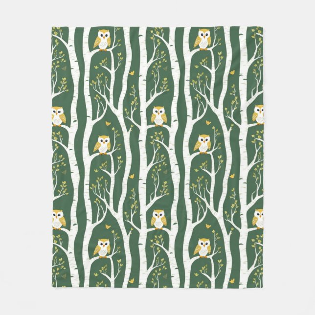 Couverture Polaire Chouette lunaire et Motif de bouleau (Devant)