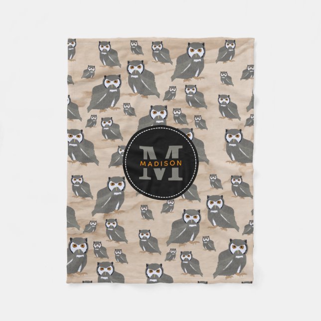 Couverture Polaire Chouette Motif & Monogramme rustique en bois (Devant)