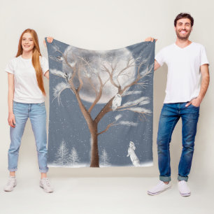 Couverture Polaire Chouette neigeuse dans l'arbre d'hiver et lapin