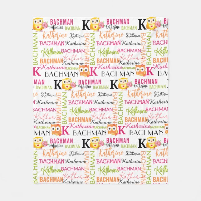 Couverture Polaire Chouette orange jaune avec nom et collage de monog (Devant)